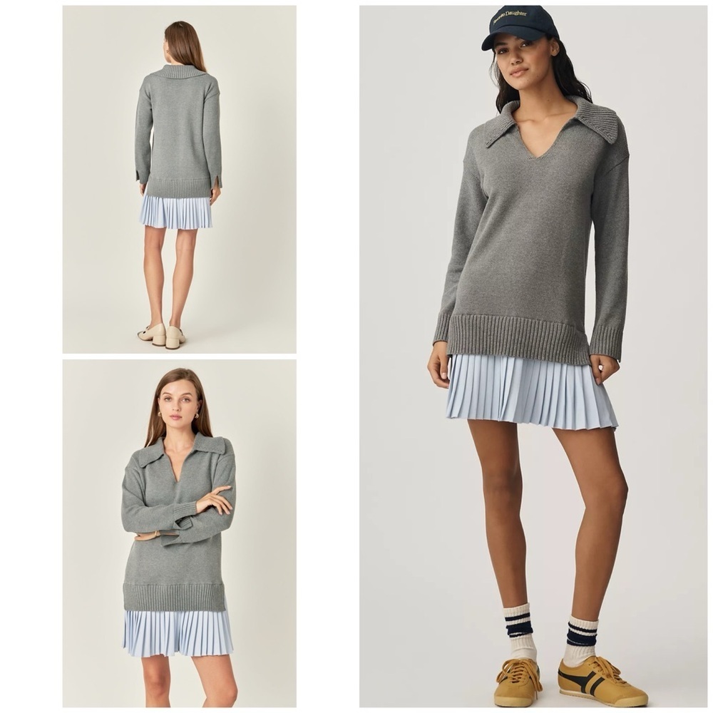 ENGLISH FACTORY Oversized Mixed Media Pleated Mini Long Sleeves Sweater Dress S‌